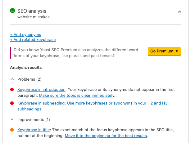 A look at the focus keyword "website mistakes" and how it's analyzed by Yoast SEO plugin