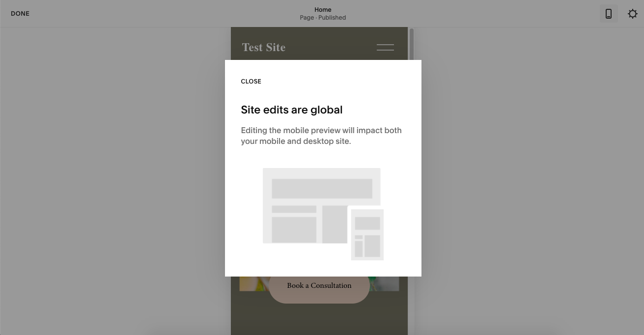 An explanation about mobile site editing on Squarespace